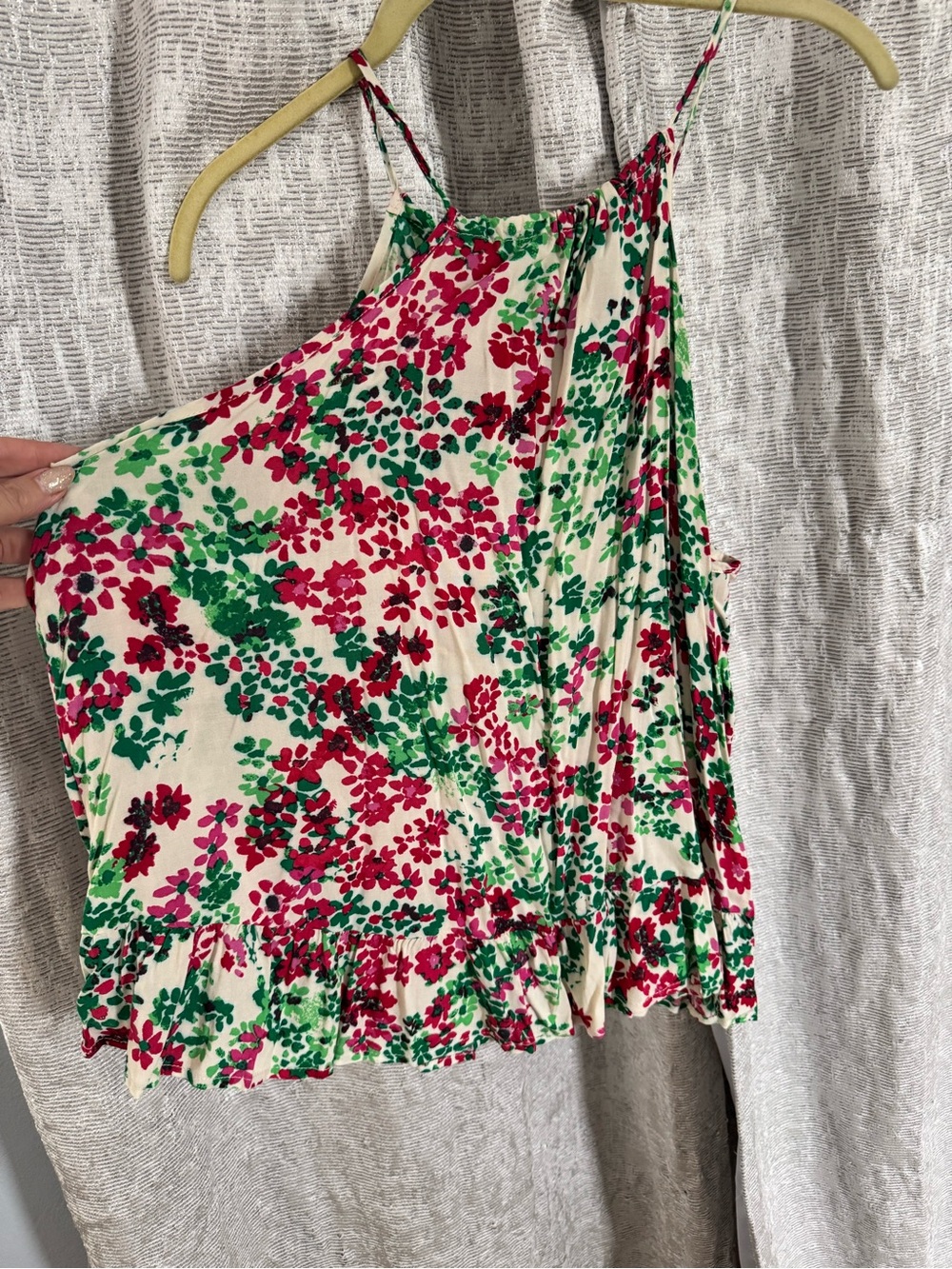Floral Halter Ruffle Tank Top - Cream, Pink & Green